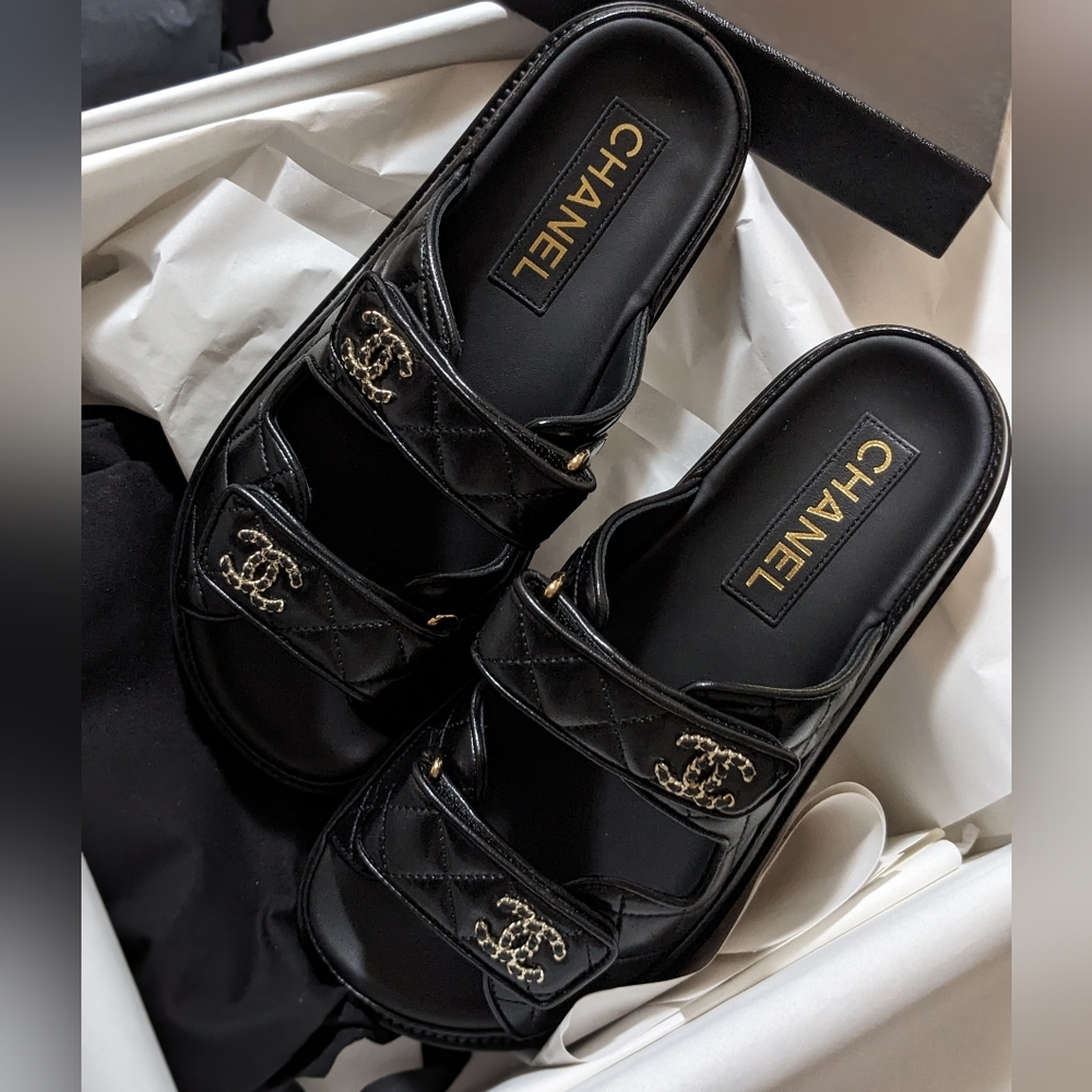 CHANEL 24P Black Dad Sandals Size 37